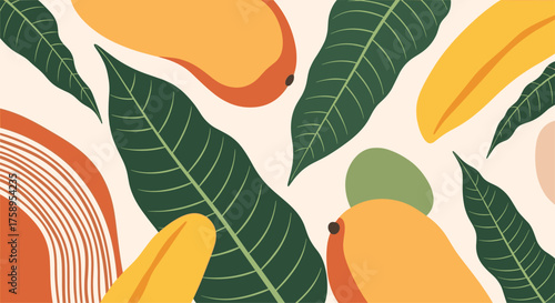 Abstract tropical fruits and leaves with warm earthy tones and organic shapes.