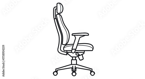 Ergonomic Office Chair with Headrest and Wheels Line Art.