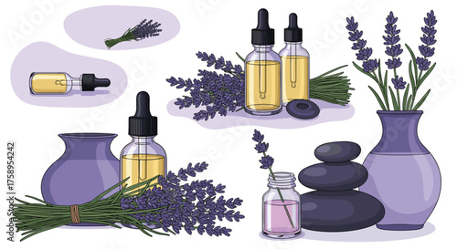 Aesthetic composition of lavender essential oil and spa elements.