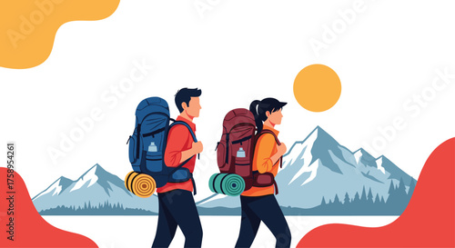 Two hikers with backpacks walking towards mountains under the sun.
