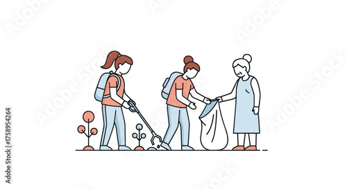 Volunteers Cleaning Up Litter with Bags and Tools.