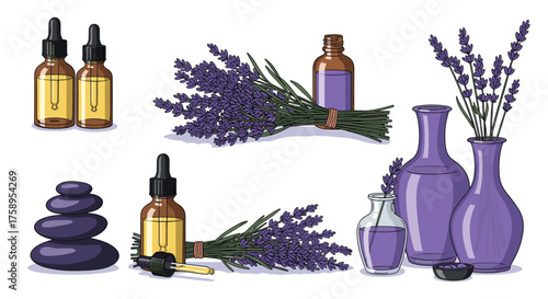 Essential oil bottles with lavender and spa stones for relaxation and aromatherapy.