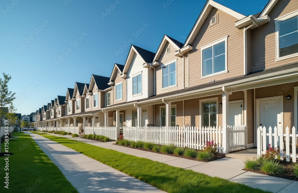 Obraz premium Row of modern townhouses on a residential street in a suburban neighborhood. New homes with beige siding white picket fences and green lawns. Sidewalk leads through the quiet community.