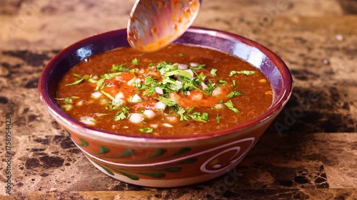 Close-up of a person seasoning a hot bowl of mexican birria soup with red sauce and lime