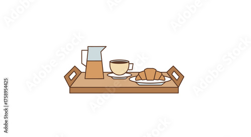Breakfast in bed tray with coffee juice and croissant.