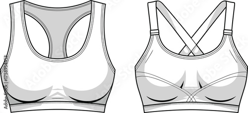Sports bra technical fashion flat sketch, front and back view, activewear template, clothing design, cad drawing flat vector illustration