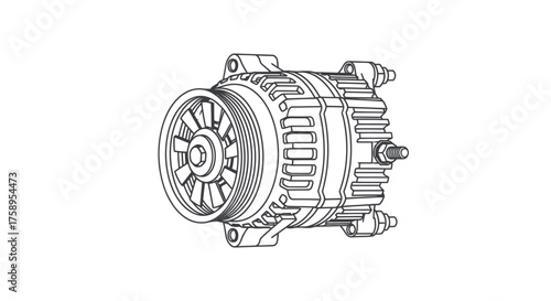 Detailed Line Art Illustration of an Automotive Alternator.