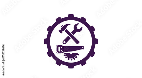 Purple emblem featuring tools crossed within a gear shaped design