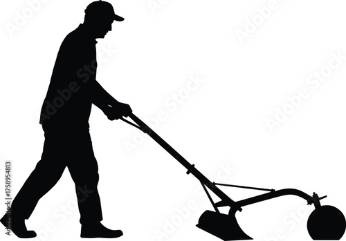 Person mowing lawn silhouette cartoon illustration, symbolic maintenance and expressive gesture artwork for lifestyle and outdoor storytelling design