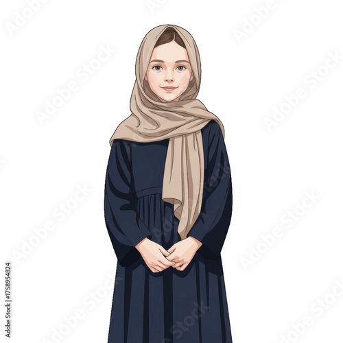 Illustration of a young girl wearing a hijab and modest dress, representing cultural identity and faith