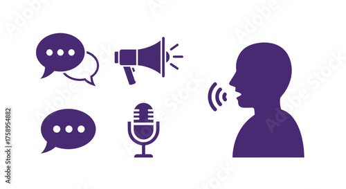 Communication methods including speech microphone and megaphone illustrated in purple