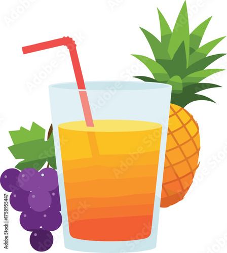 Tropical fruit juice vector with pineapple, grapes, and gradient drink in glass with red straw for healthy beverage, nutrition, and summer design themes
