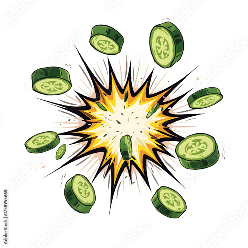 Dynamic Cucumber Explosion in Mid-Air, Isolated on transparent background

