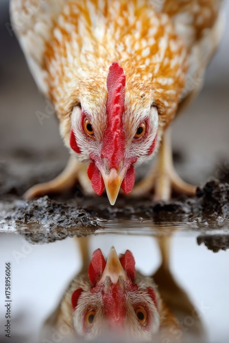 Close-up of a chicken drinking water and observing its reflection in a puddle in a rural setting