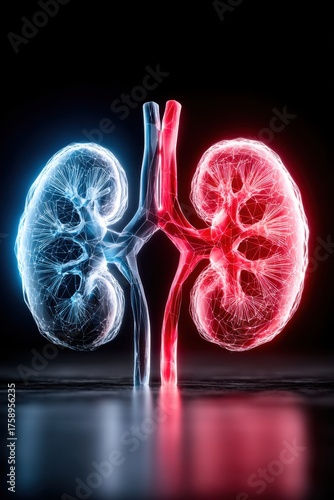 Artistic representation of human kidneys in blue and red colors illustrating their function and structure