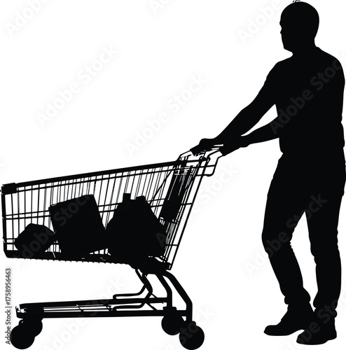 Person pushing shopping cart silhouette cartoon illustration, symbolic provision and expressive gesture artwork for lifestyle and urban design