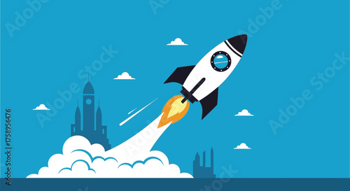 A white rocket taking off with castles in the background