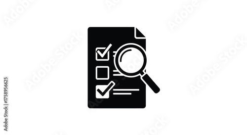 Document review with magnifying glass and checklist a black icon style