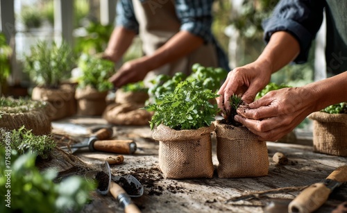 Gardeners Planting Fresh Herbs in Burlap Sacks at a Sunny Greenhouse During Late Morning Hours