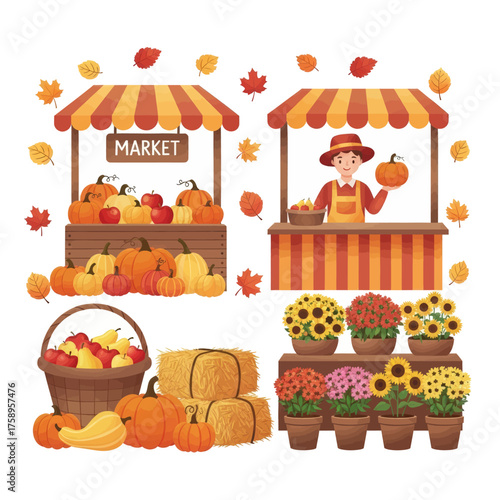 Autumn market scene with stalls, pumpkins, apples, flowers, hay bales, and a vendor selling produce.