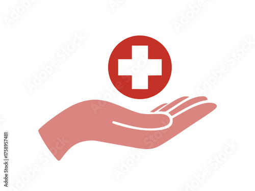 A hand gently holds the red cross symbol. The importance of health