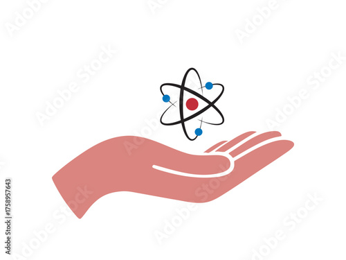 A hand gently holds the atom symbol, an image that illustrates the importance of preserving science.