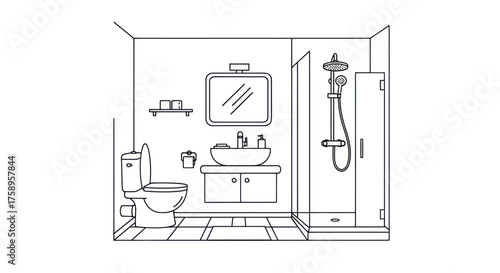 Bathroom Interior Sketch with Toilet Sink Mirror and Shower Cabin.