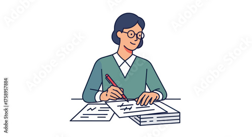 Woman wearing glasses writing with a pen at a desk with papers.