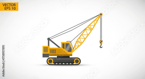 Yellow construction crane with a long boom and hook.