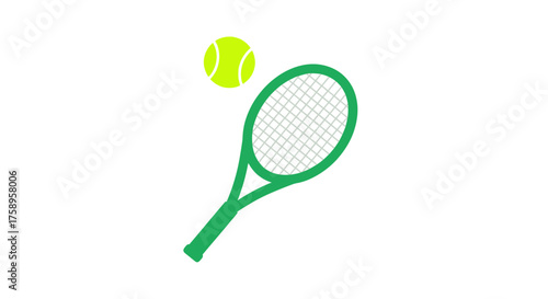 Green Tennis Racket and Yellow Tennis Ball Illustration.