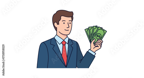 A young businessman in a blue suit and red tie holding a fan of cash money.