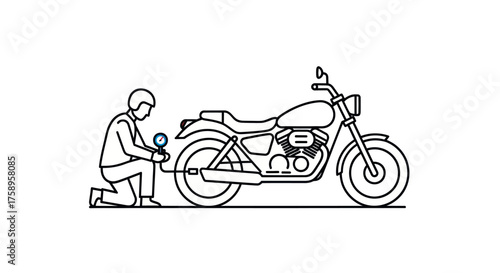 Line Art Motorcycle with Mechanic Checking Tire Pressure.