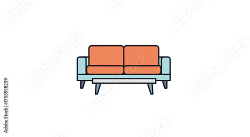 A modern two-seater sofa with orange cushions and a light blue frame depicted as a simple line art icon.