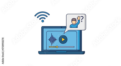 Laptop with online podcast live QA or interactive learning illustration.