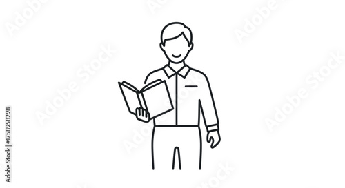 Line art illustration of a man reading a book wearing a collared shirt.