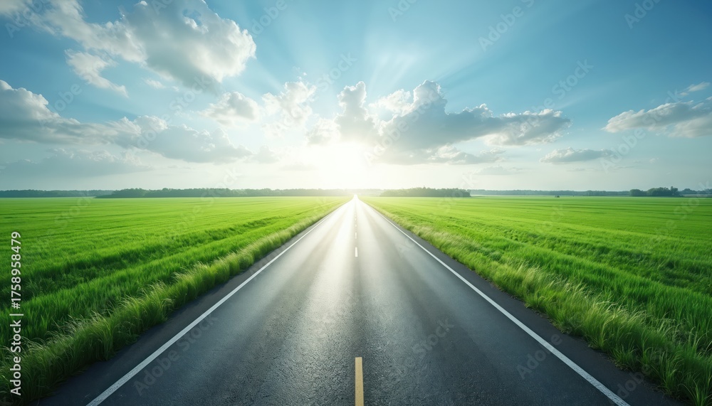 Fototapeta premium Long straight road through green field. Asphalt highway with white lines stretches to horizon. Sun shines bright with rays, blue sky with clouds. Green grass on both sides, trees in distance. Open
