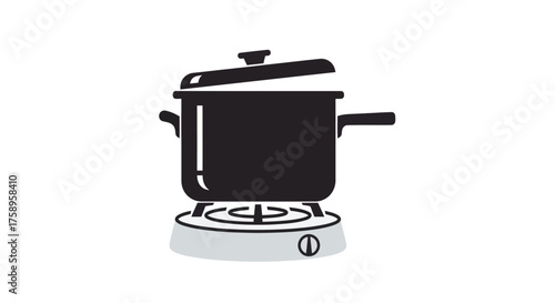 Black silhouette icon of a cooking pot with an ajar lid simmering on a gas stove burner.