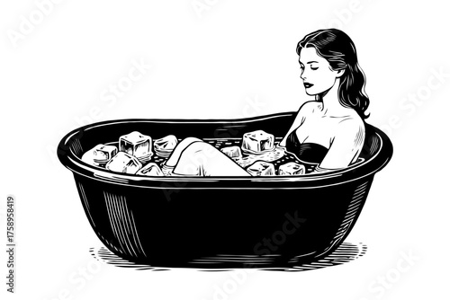 Woman sitting in an ice bath tub filled with ice cubes, black and white sketch style on white background, concept of cold therapy and relaxation