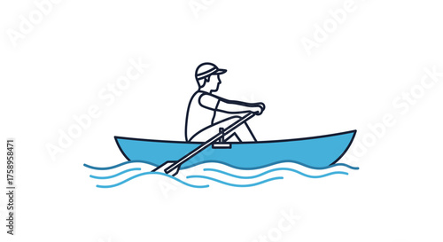 Person Rowing a Blue Boat on Water Simple Line Art Illustration.