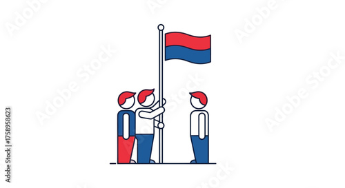Stylized illustration of three patriotic figures raising a red and blue flag together.