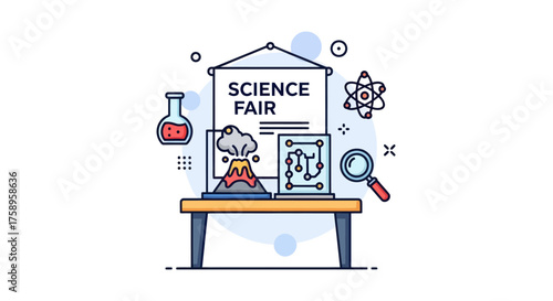 A colorful line art illustration of a school science fair exhibit with a volcano and circuit board.