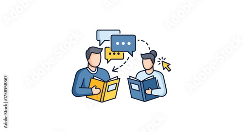 Two people reading books and communicating with speech bubbles.