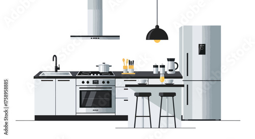 Modern Kitchen Interior with White Cabinets Stainless Steel Appliances and Island Seating.