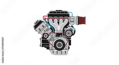Automotive Engine Illustration with Intake and Exhaust Manifolds.