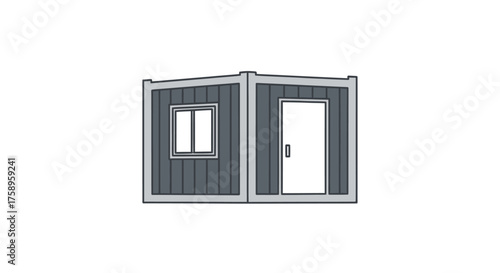 Two connected dark gray modular units forming a small prefabricated building with corrugated siding.