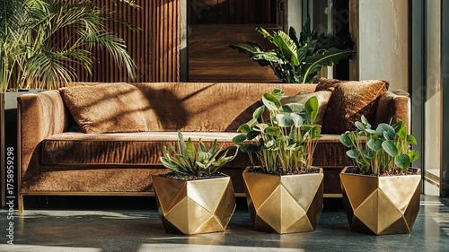Sunlit Living Room with Brown Sofa and Gold Geometric Planters