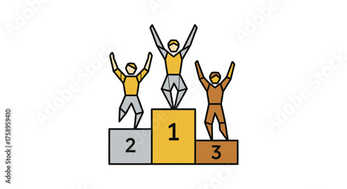Three stylized figures celebrating victory on a tiered podium with numbers 1 2 and 3.