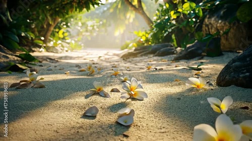 Sunlit Tropical Path with Scattered Flowers