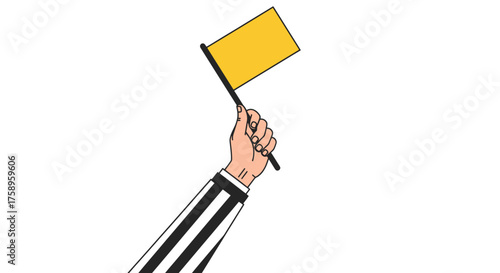 Referee Hand Holding Yellow Penalty Flag.