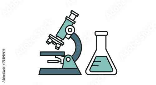 Scientific Microscope and Erlenmeyer Flask with Liquid.